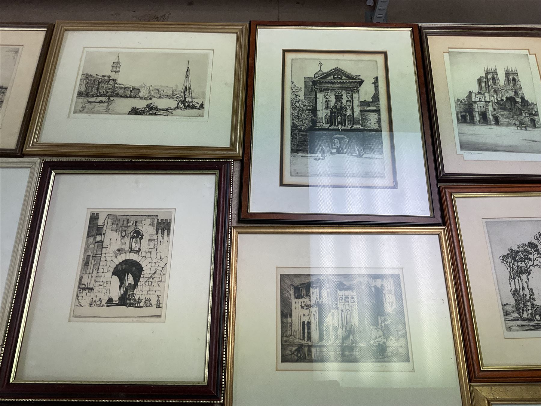 Collection of etchings, artists including Herbert Gordon Warlow, Henry Percy Huggill, David Robertson, Eliab George Earthrowl, Kevin Brown, Geoffrey Heath Wedgwood, Louis Conrad Rosenberg, Frank Brangwyn, Martin Hardie, John Shapland, Oliver Hall, Sydney Mackenzie Litten, Percy Lancaster, Willie Rawson, etc (18)