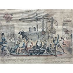 Thomas Rowlandson (British 1756-1827): 'A Table D'Hote or French Ordinary in Paris' and 'Admiral Nelson Recreating with his Brave Tars after the Glorious Battle of the Nile', two engravings with hand colouring pub. 1810 and 1798, respectively; Robert Seymour AKA Shortshanks (British 1798-1836): 'Shaving by Steam', engraving with hand colouring pub. c.1828 E King Chancery Lane max 26cm x 33cm (3)