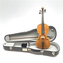 German three-quarter size violin, the 33.5cm two-piece maple back inlaid with mother-of-pearl, maple ribs and spruce top, 55cm overall. in carrying case with bow