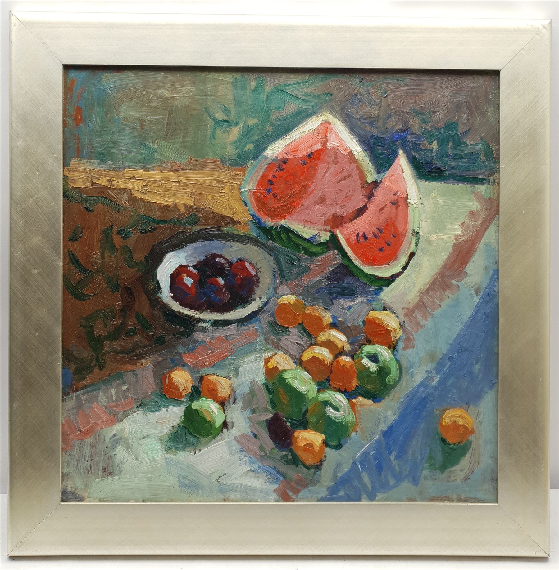 Vladimir Feklyaev (Russian 1947-): Still Life with Watermelon, oil on board signed in Cyrillic and dated 1988 verso 55cm x 55cm