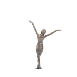 After Demétre Haralamb Chiparus (Romanian 1886-1947): Art Deco style bronze figure modelled as a dancer with raised arms, signed to the stepped bronze base and also bearing foundry stamp, upon a tapering marble plinth, overall H55cm
