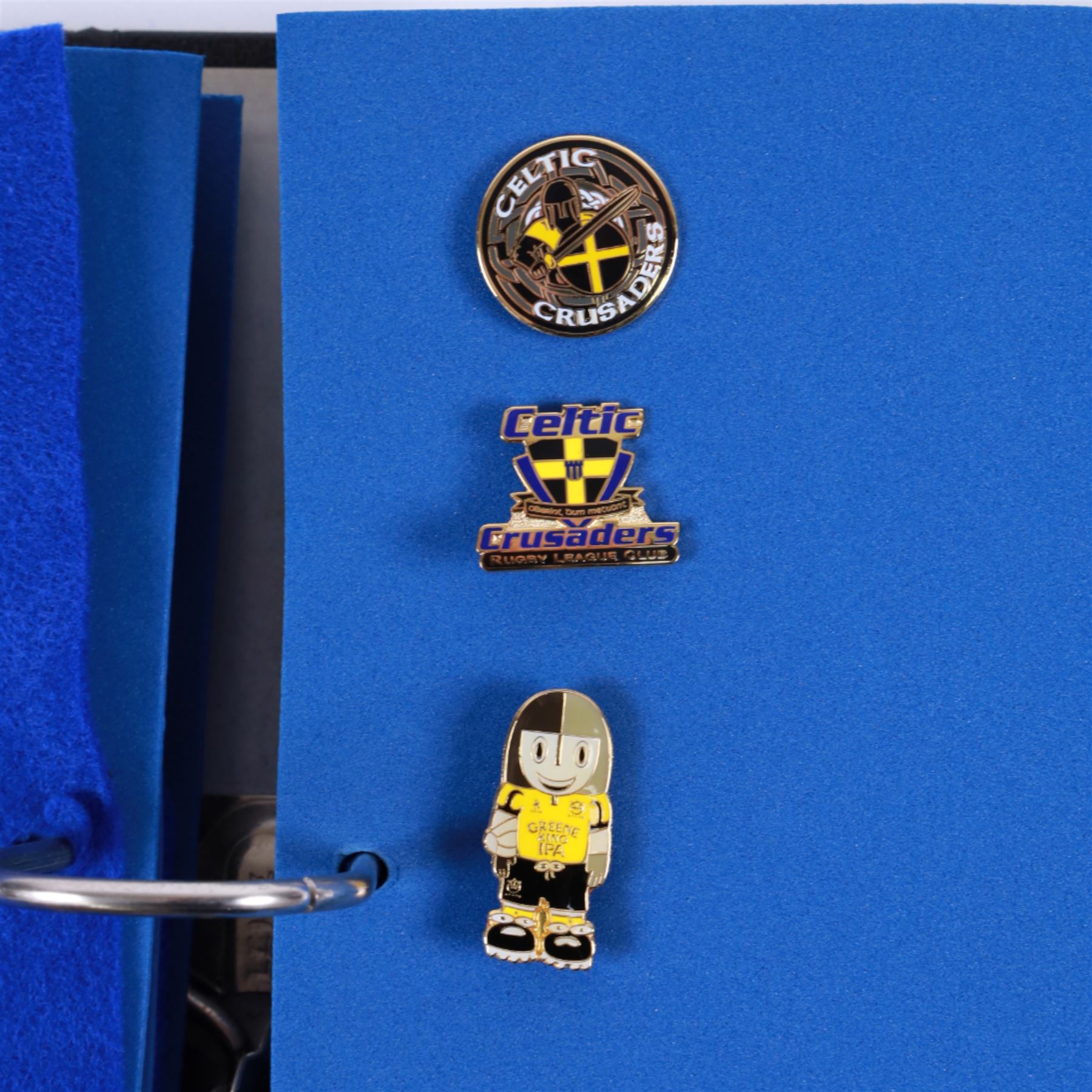 Rugby league enamel badge collection, from Barrow Raiders, Batley, Blackpool Panthers, Bradford Northern, Bradford Bulls, Bramley, Castleford, Catalan Dragons, Celtic Crusaders, Dewsbury Rams, Doncaster, Featherstone Rovers and Halifax, housed in two folders, (approximately 280)