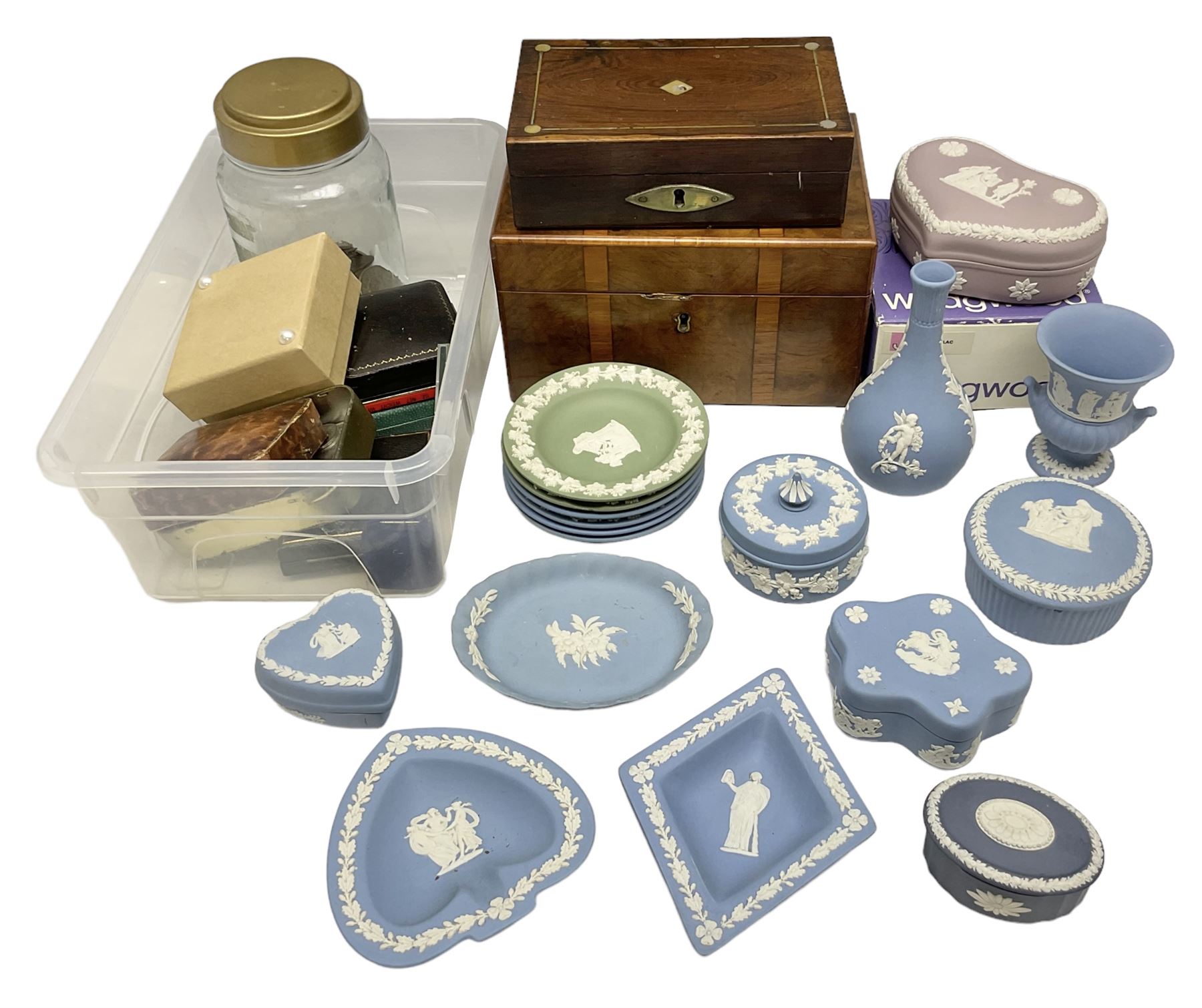 Wedgwood Jasperware to include lilac trinket box with original box, light blue vases, trinket dishes, boxes etc, together with a walnut box, coins and other collectables 