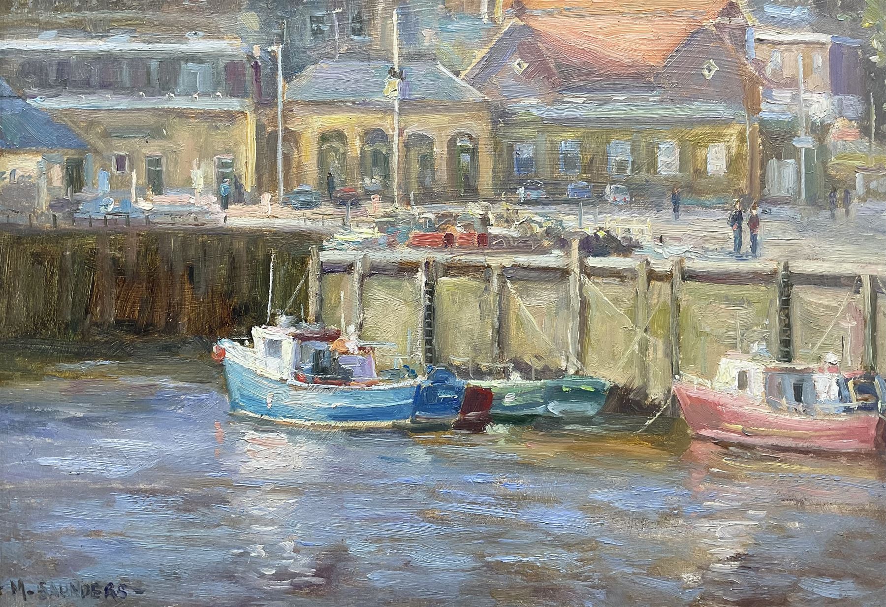 Michelle Saunders (British 1936-): Whitby Quayside Bathed in Sun, oil on board signed 24cm x 34cm 