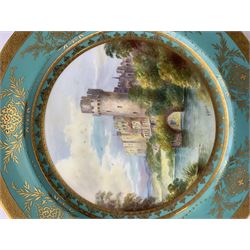 Large Minton cabinet plate, with central hand painted panel of Warwick Castle, signed A Holland, within a tooled gilt turquoise border, with impressed and printed marks and inscribed Warwick Castle beneath, D31.5cm