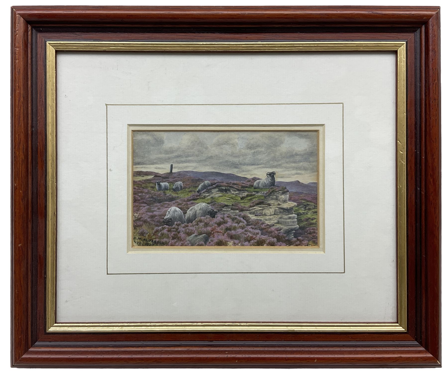 Dorothy Margaret Alderson (British 1900-1992): Sheep Grazing on a Moorland Crag, watercolour signed and dated 1920, 8.5cm x 13.5cm