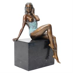After Jean Patou - art deco style bronze formed as a seated nude lady, H24cm