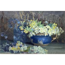 Elizabeth Trevor Sutcliffe (British 1854-1944): Still Life of Spring Flowers, oil on canvas signed 37cm x 55cm
Notes: Studied at Manchester School of Art, France and Italy. Lived in Wales, Whitby and Leeds, married to the fellow artist Lester Sutcliffe (1848-1933)
