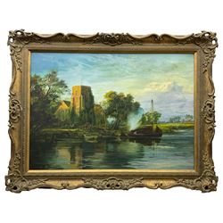 English School (20th century): River Landscape with Ancient Church, oil on canvas unsigned 64cm x 90cm