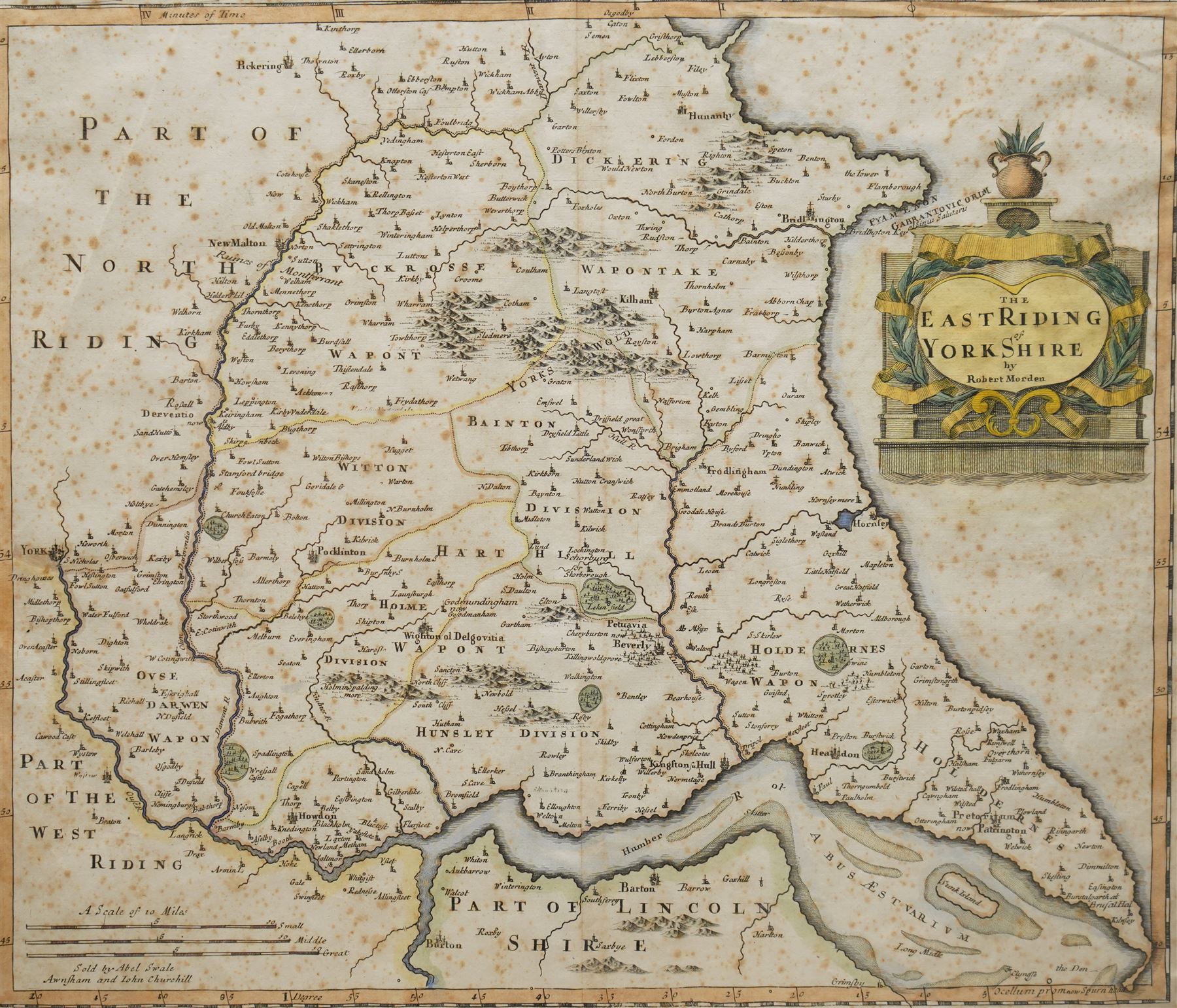 Robert Morden (British c.1650-1703): 'The North Riding of Yorkshire', 17th/18th century engraved map with hand-colouring 38cm x 43cm