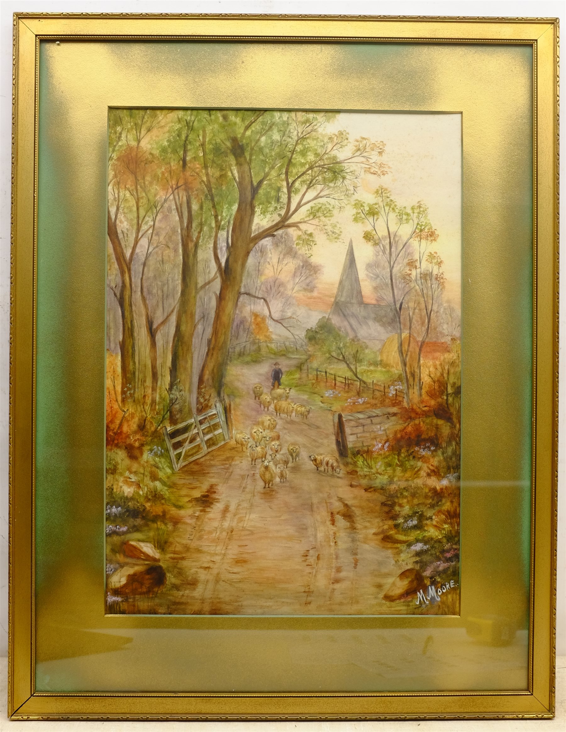 M Moore British Early 20th Century Herding Sheep Watercolour Signed 
