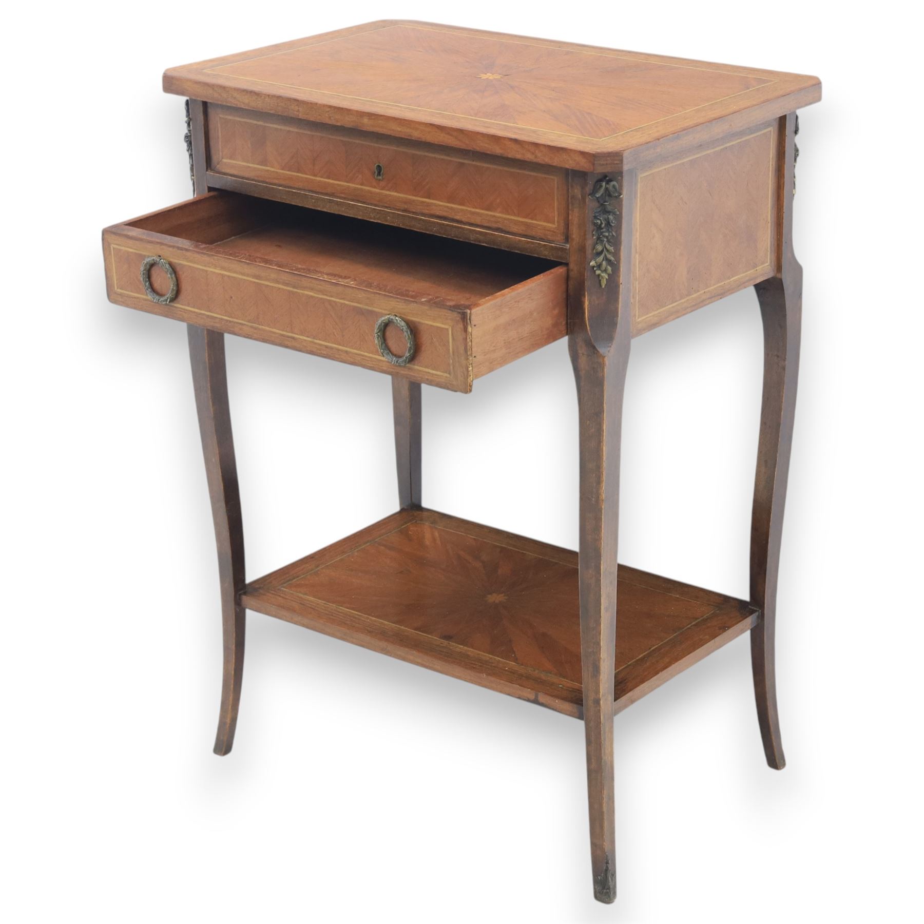 20th century French kingswood inlaid worktable, hinged top with divided compartment, above a single frieze drawer with brass pulls, gilt mounted tapered supports united by and undertier