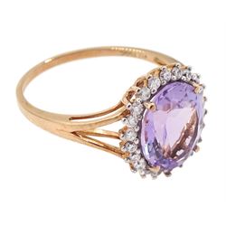 9ct rose gold oval amethyst and white zircon cluster ring, hallmarked
