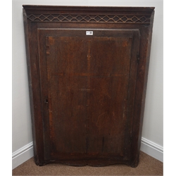  18th century oak corner cupboard, projecting cornice over fret work frieze, single door inlaid with cross and banded (W78cm, H110cm), and an early 20th century drop leaf table  
