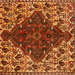 North West Persian Malayer hand-knotted rug, ivory field with central stepped lozenge medallion with angular pendants, surrounded by rows of stylized boteh and geometric floral devices within multiple geometric and stylized vine borders, with fringe ends