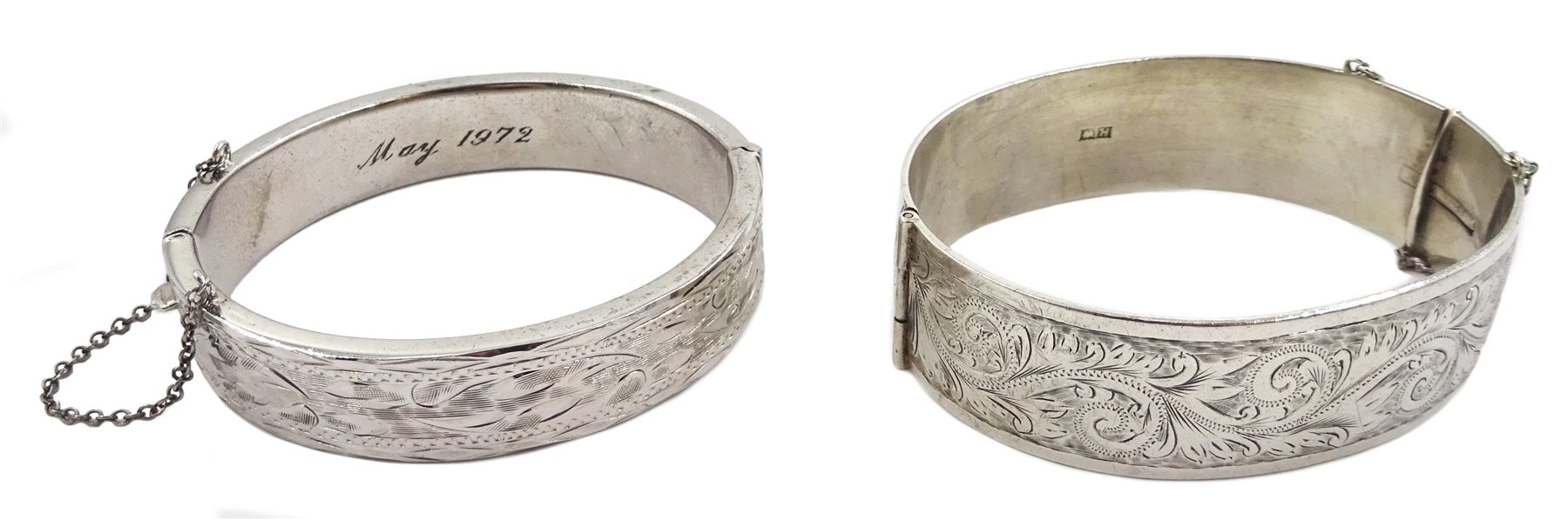 Silver bangle by Henry Griffith & Sons Ltd, Birmingham 1957, three other silver bangles stamped or hallmarked and a silver purse by Ellis Bros, stamped sterling