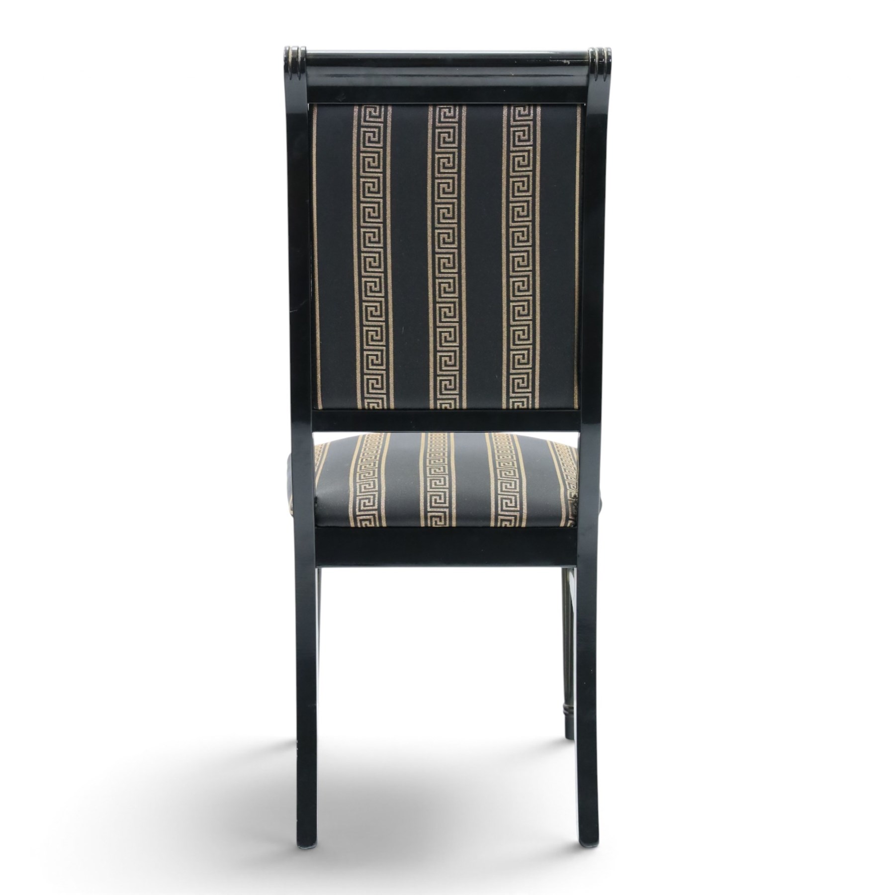Italian Neoclassical inspired ebonised gloss dining table with four matching chairs,  circular top with additional leaf (Extends to  145cm) with Greek key banding, on a shaped pedestal base with gilt highlights and stepped plinth, the chairs en suite with padded back and seat with Greek key, reeded front supports