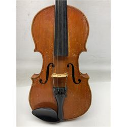 Two three-quarter size violins - German Saxony with 34cm one-piece maple back and ribs and spruce top; L56cm overall; and Hungarian with 34cm two-piece maple back and ribs and spruce top; L56cm overall; each in carrying case with bow (2)
