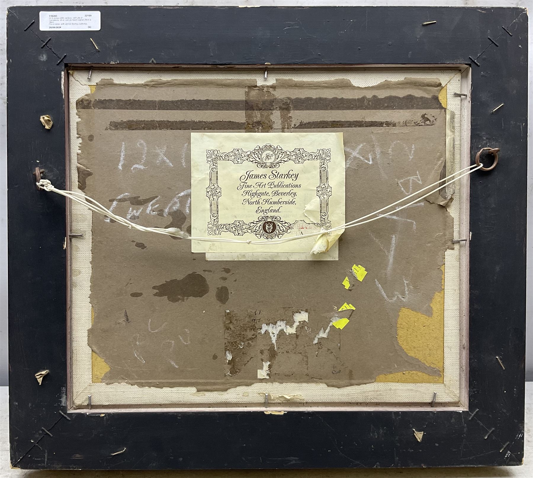 W H Jones (20th century): Still Life of Carnations, oil on canvas board signed 29cm x 34cm
Provenance: with James Starkey Galleries, Beverley, East Yorkshire