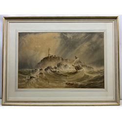 John Francis Bland (British 1857-1899): Ship in Distress off Flamborough Lighthouse, watercolour signed and dated 1881, 58cm x 88cm
Notes: Bland was born at Cloughton near Scarborough, by the age of 24 he was describing himself in the 1881 census as an artist, living with his parents in North Marine Road. He died of a stroke in 1899. This is probably the largest and most important work to have been sold at auction, showing the influence of Henry Barlow Carter (1804-1868)