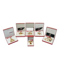 Set of six Georg Jensen annual mobile Christmas decorations, gold plated, comprising 1984 ...