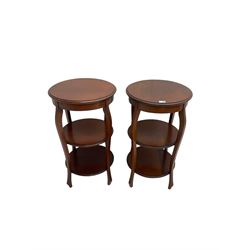 Pair early 20th century mahogany lamp tables, circular moulded top over two tiers, on shaped cabriole uprights