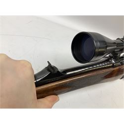 30-06 Steyr-Mannlicher Model M bolt-action rifle, the 61cm hammer forged barrel with side safety, double set trigger and lift-out rotary magazine, walnut stock with chequered pistol grip and fore-end and additional soft leather cheek piece, Pecar Berlin Champion 8 x 45 telescopic sight with quick release mounts, serial no.204791 L111cm FIREARMS CERTIFICATE REQUIRED OR RFD