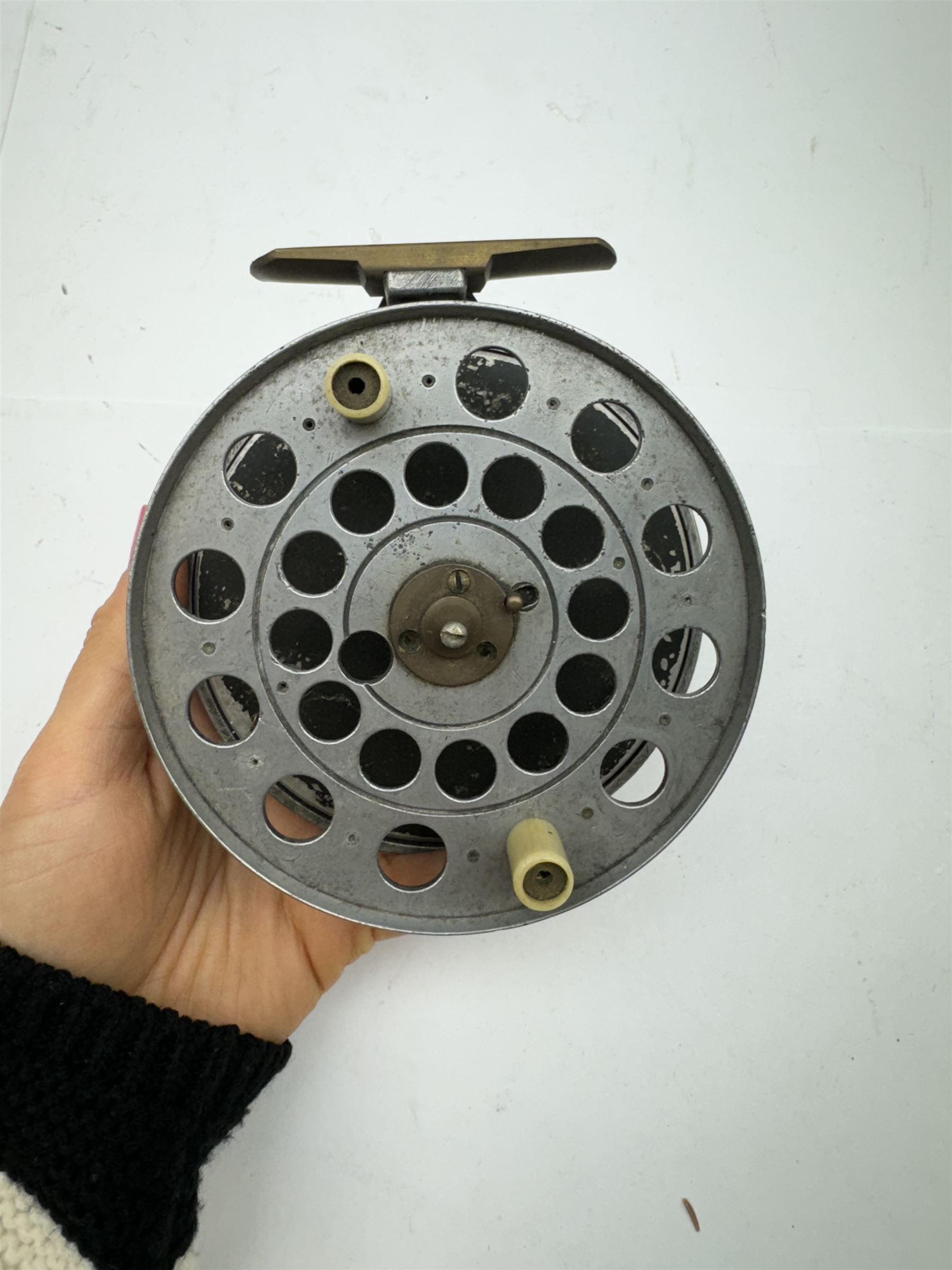 D. Slater, Newark, wood, alloy and brass star-back centre pin reel,  together with three other wooden/alloy reels including Edge Elite, Milbro Pelican and one other 