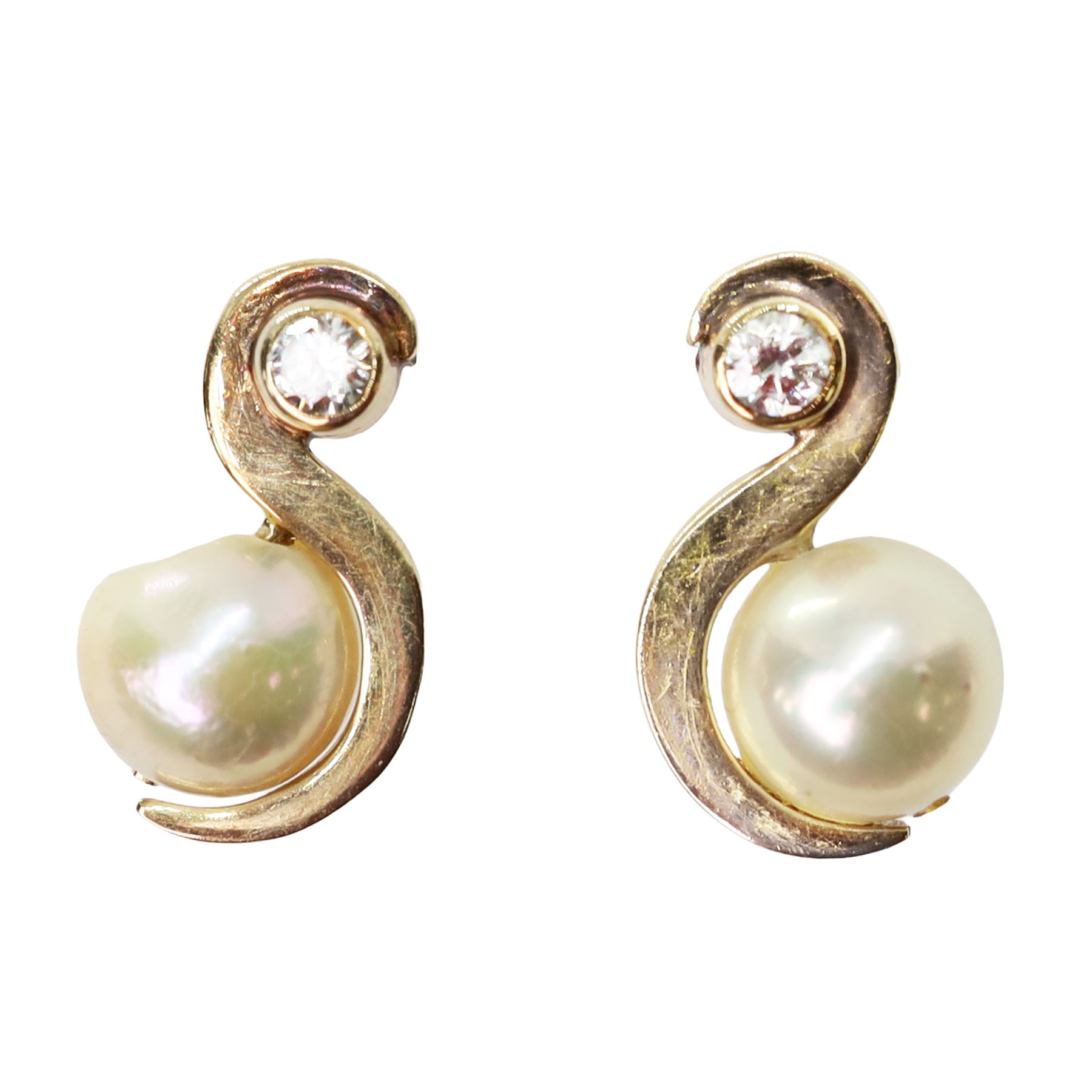 Pair of gold pearl and diamond stud earrings, and one other pair, both 9ct
