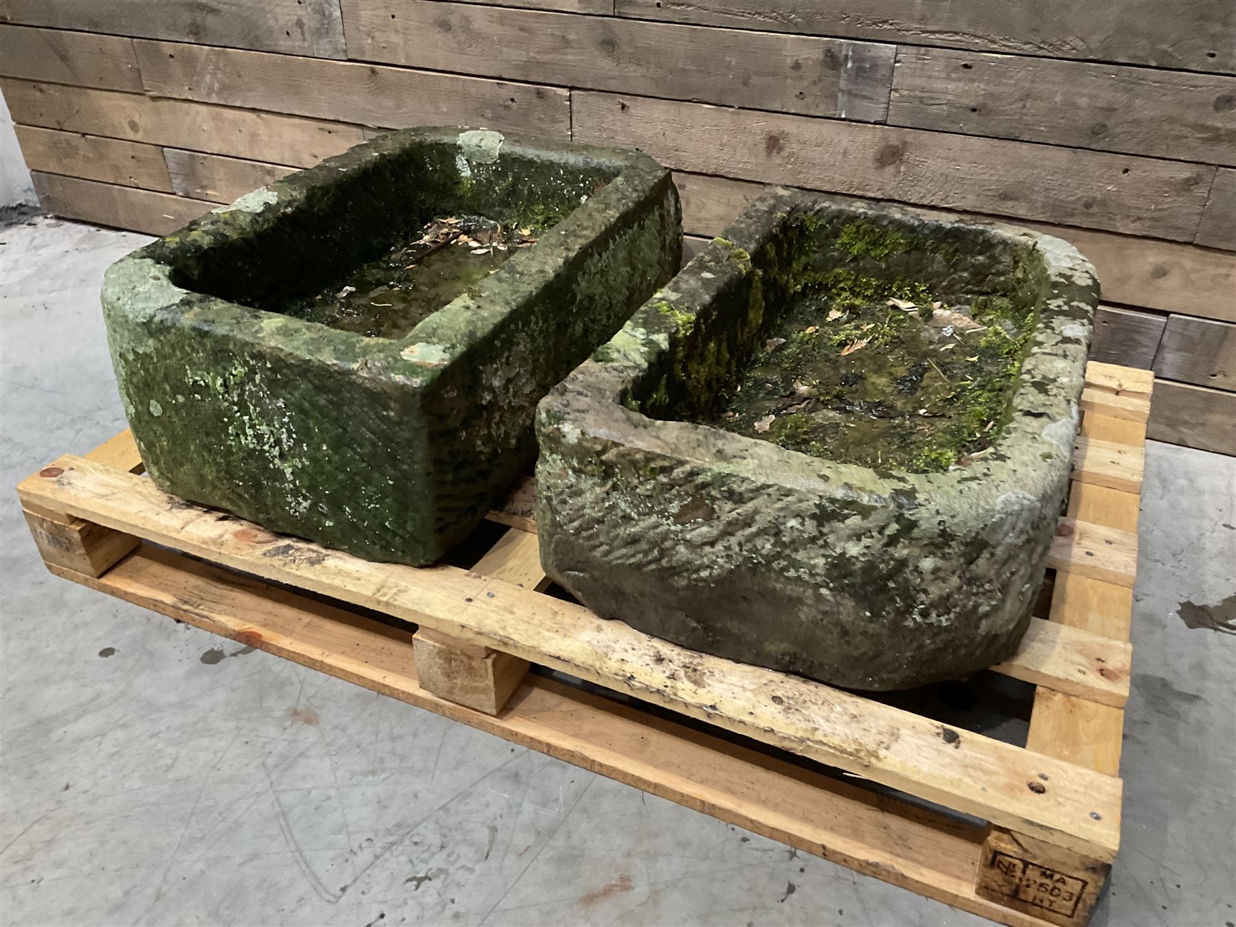 Two 19th century rectangular stone troughs (W72cm, D46cm, H25cm & W70cm, D44cm, H23cm)