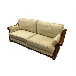 Multi-York - Hardwood framed bergère lounge suite, three seat sofa (W204cm), and pair matching armchairs (W90cm), upholstered in cream floral pattern fabric 