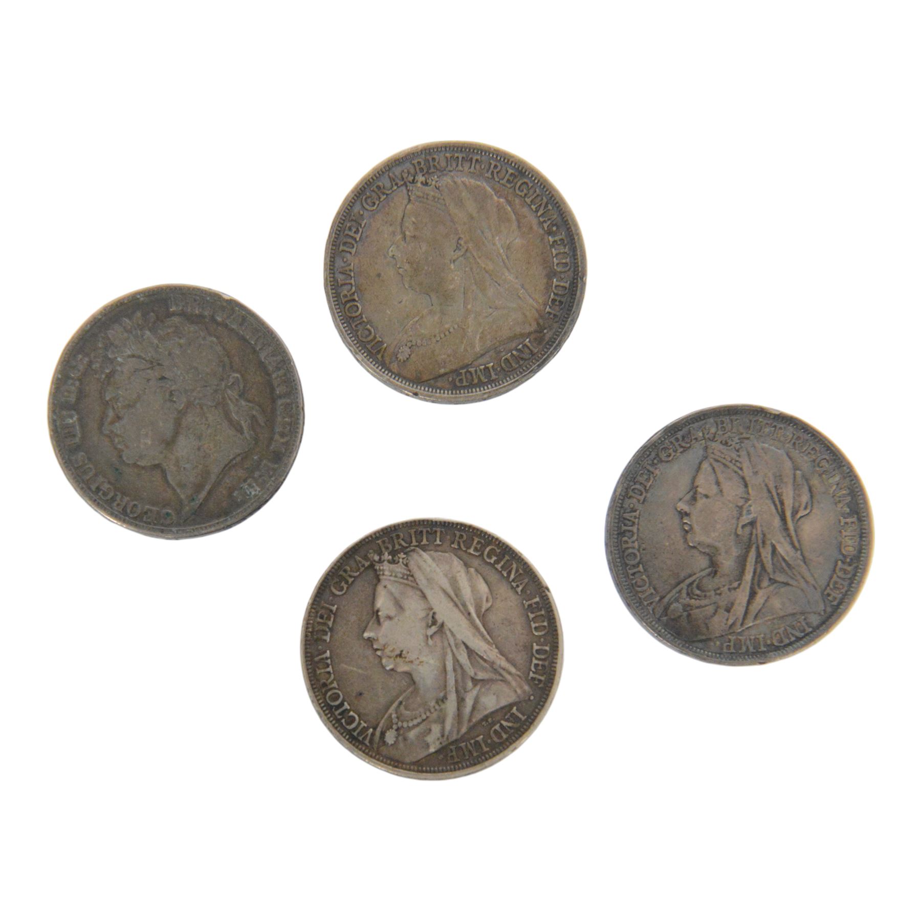 George IIII 1821 silver one crown coin and three Queen Victoria silver one crown coins, 1893, 1896, and 1897 (4)