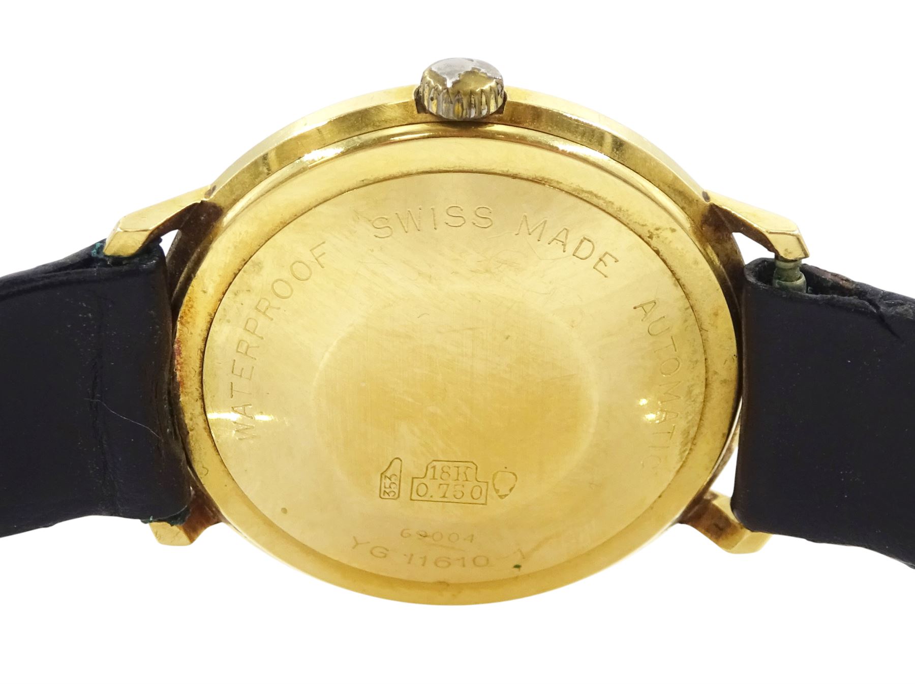 Bueche-Girod gentleman's 18ct gold automatic wristwatch, Ref. YG 11610-01, champagne dial with baton hour markers and date aperture, stamped 750 with Helvetia hallmark, on black leather strap
