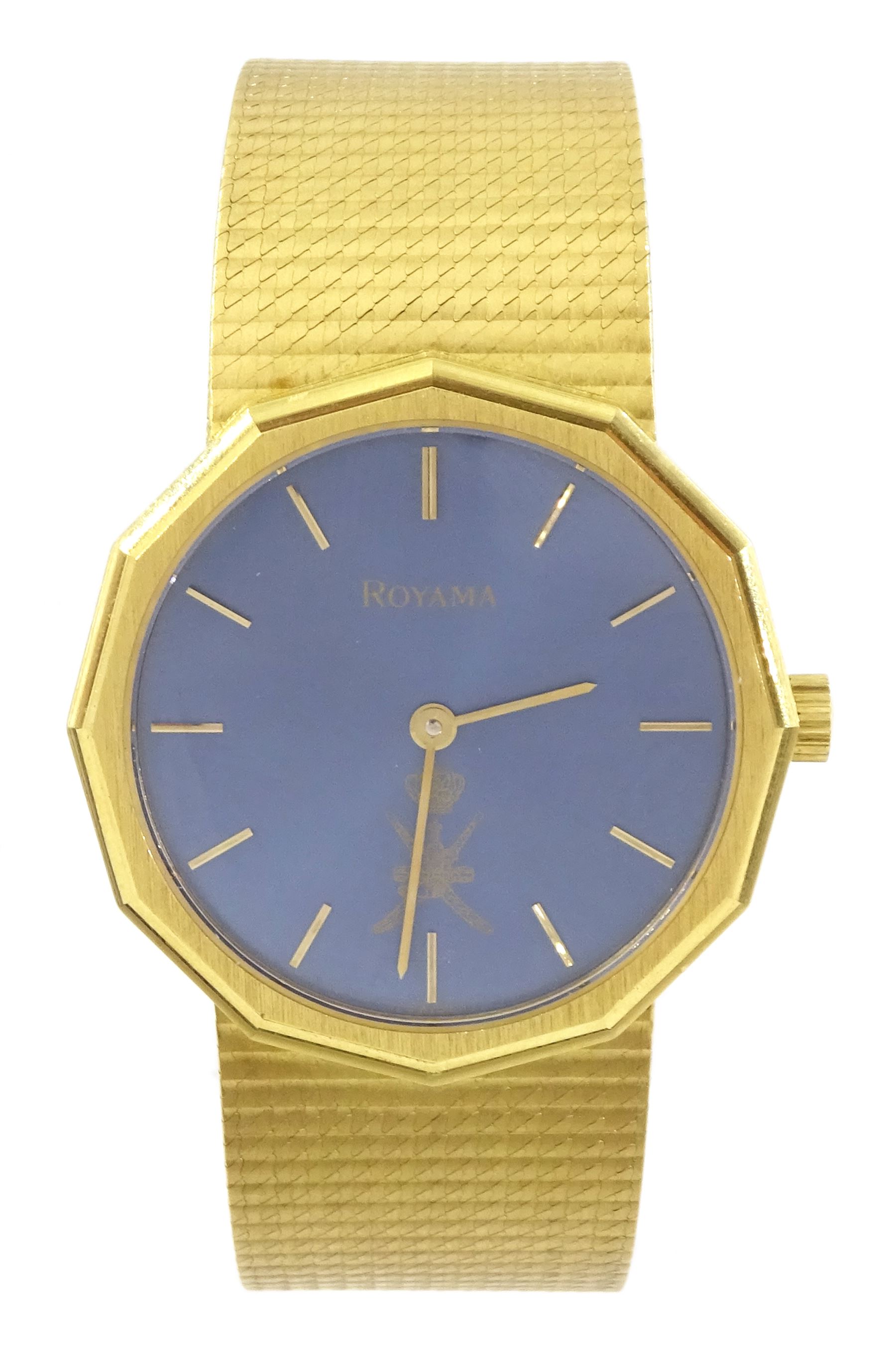 Royama gentleman's 18ct gold manual wind wristwatch, blue dial, with baton hour markers and Saudi Arabian coat of arms, Helvetia hallmark, on integral 18ct gold bracelet, stamped 750