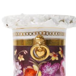 Pair of 19th century spill vases, the rim with encrusted decoration, the central band hand-painted with flowers on a claret ground, unmarked but in the manner of Coalport, H11cm 