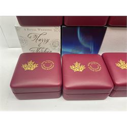 Eleven Royal Canadian Mint fine silver twenty dollar coins, including 2016 'A Royal Tour', 2017 'A Platinum Celebration', 2018 'A Nation's Mettle The Dieppe Raid', 2019 'Give Peace A Chance 50th Anniversary' etc, all cased with certificates