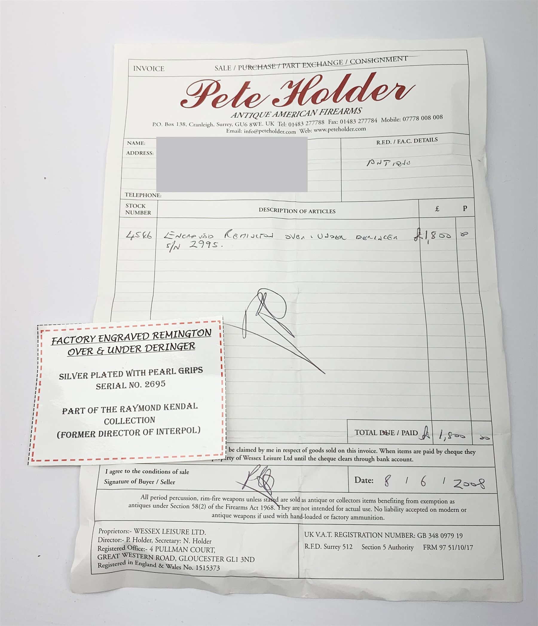 Factory engraved Remington .41 calibre double barrel over and under Derringer, the top of the barrels inscribed 'E. Remington & Sons Ilion. N.Y. Elliot's Patent Dec 12th 1865', with mother-of-pearl split grip, serial no.2695, L13cm overall; with receipt of purchase from Pete Holder dated 08/06/2008; reputedly from the Raymond Kendal collection (former Director of Interpol); with box of  dummy cartridges