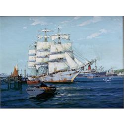 Wilfred Knox (AKA A D Bell) (British 1884-1966): Steam and Tall Ship in Port, oil on board signed and dated 1919, 25cm x 34cm