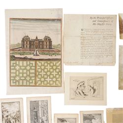 Collection of paper and photographic ephemera, to include a 19th century watercolour of a balloon flying 'near Dieppe', collection of engravings after William Hogarth, hand-coloured engraving of the Chateau de Verneuil and its garden design, etc 