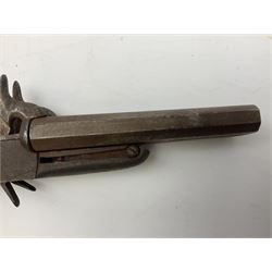 19th century Belgian 9mm side-by-side double barrel pin-fire pocket pistol with 11cm octagonal single block barrel, drop-down triggers and carved walnut stock L22.5cm overall