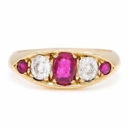 Early 20th century gold ruby and diamond five stone marquise set ring, principal oval cut ...