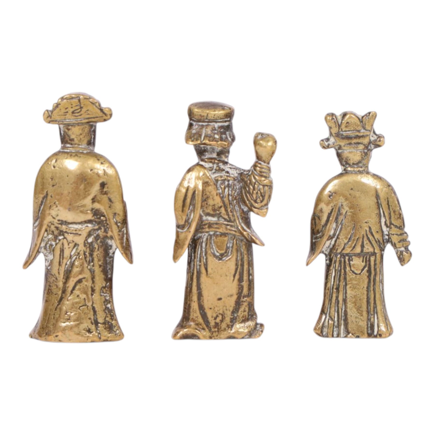 Three brass Chinese deities, Fu Lu and Shou, H4cm
