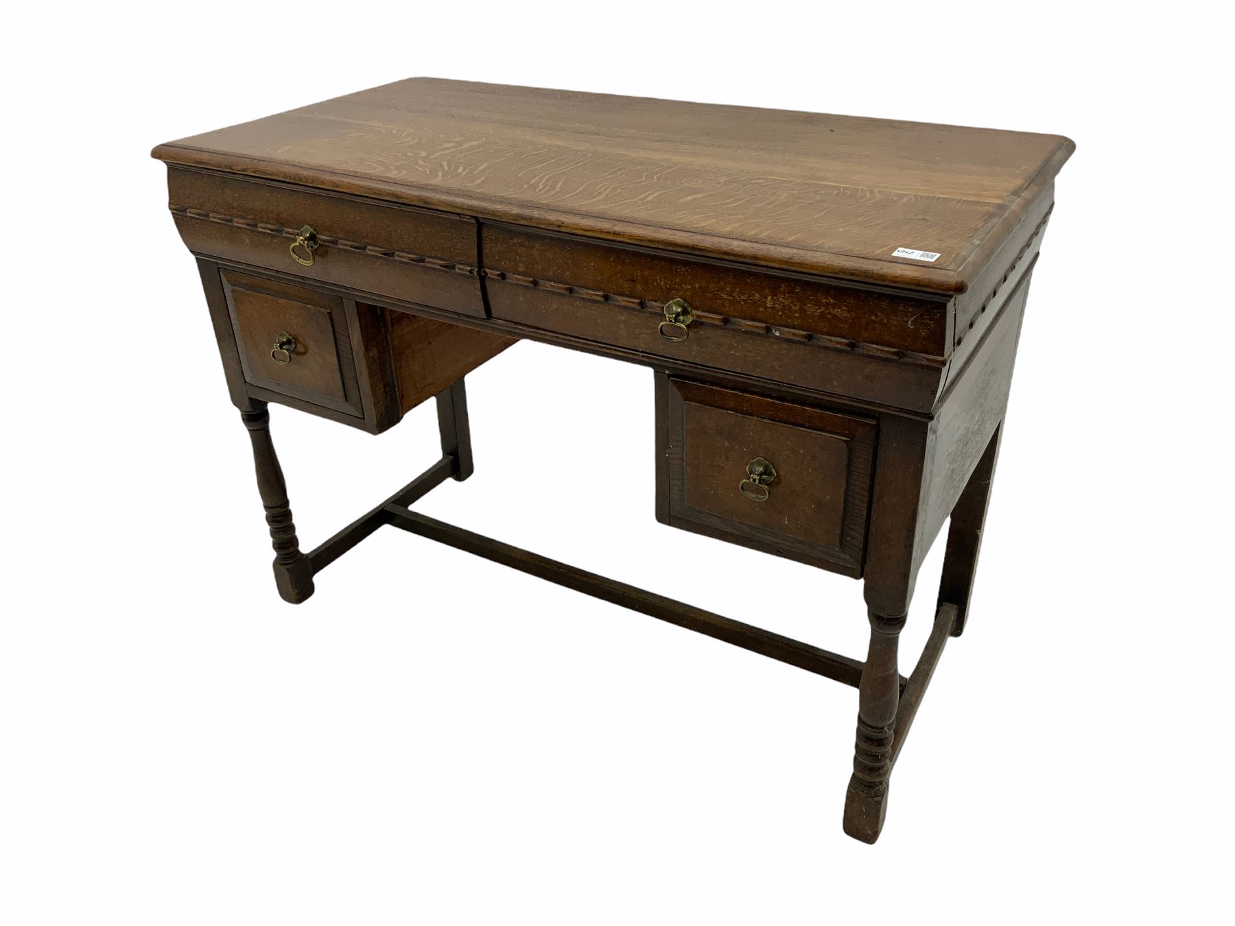 Mid 20th century figured oak bedroom furniture, comprising chest, fitted with five drawers; dressing table and double bedstead