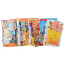 Collection of Pokemon TGC trading cards, including two WB First Movie Black Star promo cards Pikachu no. 4 and Dragonite no. 5, two Ancient Mew Black Star holo promo cards, Gym Challenge Giovanni's Persian 8/132 holo and a small collection WOTC, Neo Discovery and Neo Genesis cards, together with thirty four Bandai Carddass Pokemon cards, including prism Charizard no. 186 and Pokemon Topps cards including holo examples 