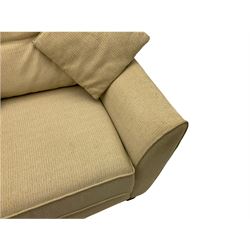Three seat sofa (W208cm, D89cm), and matching two seat sofa (W182cm, D89cm), upholstered in neutral fabric 