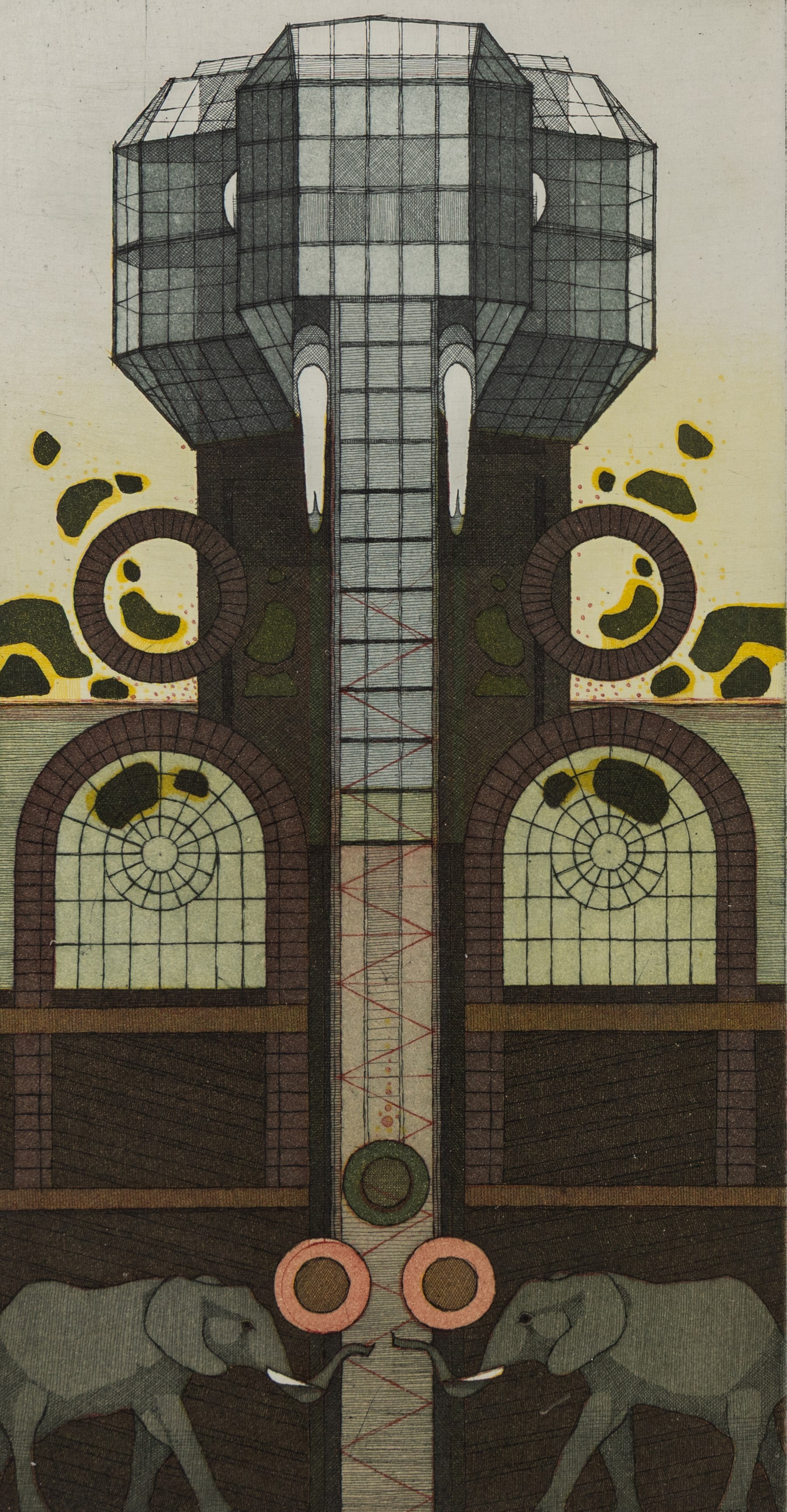 Hans-Joachim 'Jockel' Reisner (German 1938-2023): Imposing Elephant, coloured etching signed and dated 1987 in pencil 32.5cm x 17cm
Notes: Reisner is best known for creating the Bradford City Fire Memorial in 1986. His style of printmaking is characterised by geometric lines and shapes, influenced by his degree in engineering.