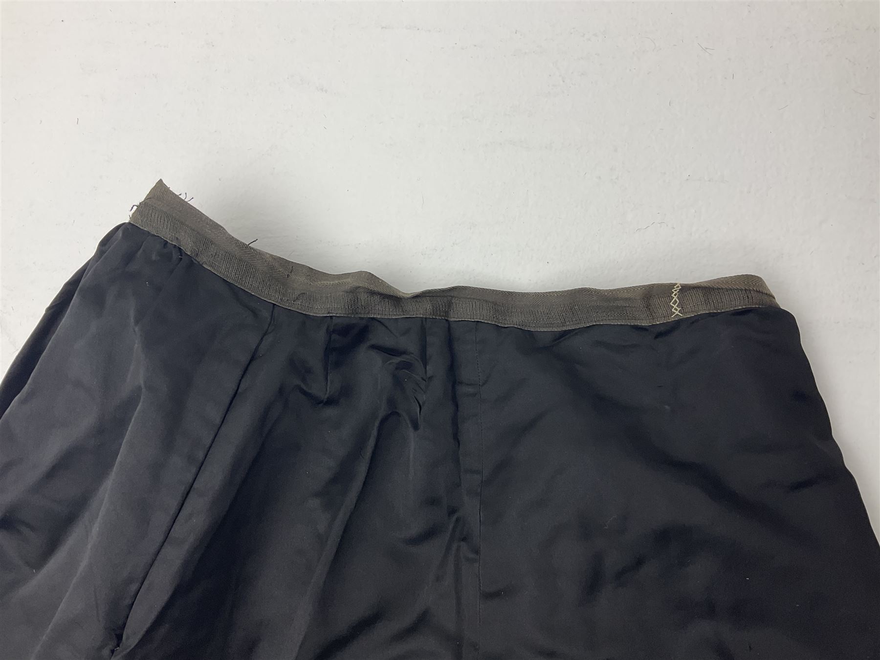 Victorian three piece mourning dress, with lace trim and jet beading, including velvet coat with satin collar panels and cuffs, the nipped waist with boning and slight flared peplum, heavily embellished beaded high neck collar, and ladies embroidered silk lined purse with gilt handle, mount and clasp