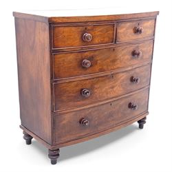 19th century bow front mahogany chest of drawers, rectangular top with moulded edge above ...
