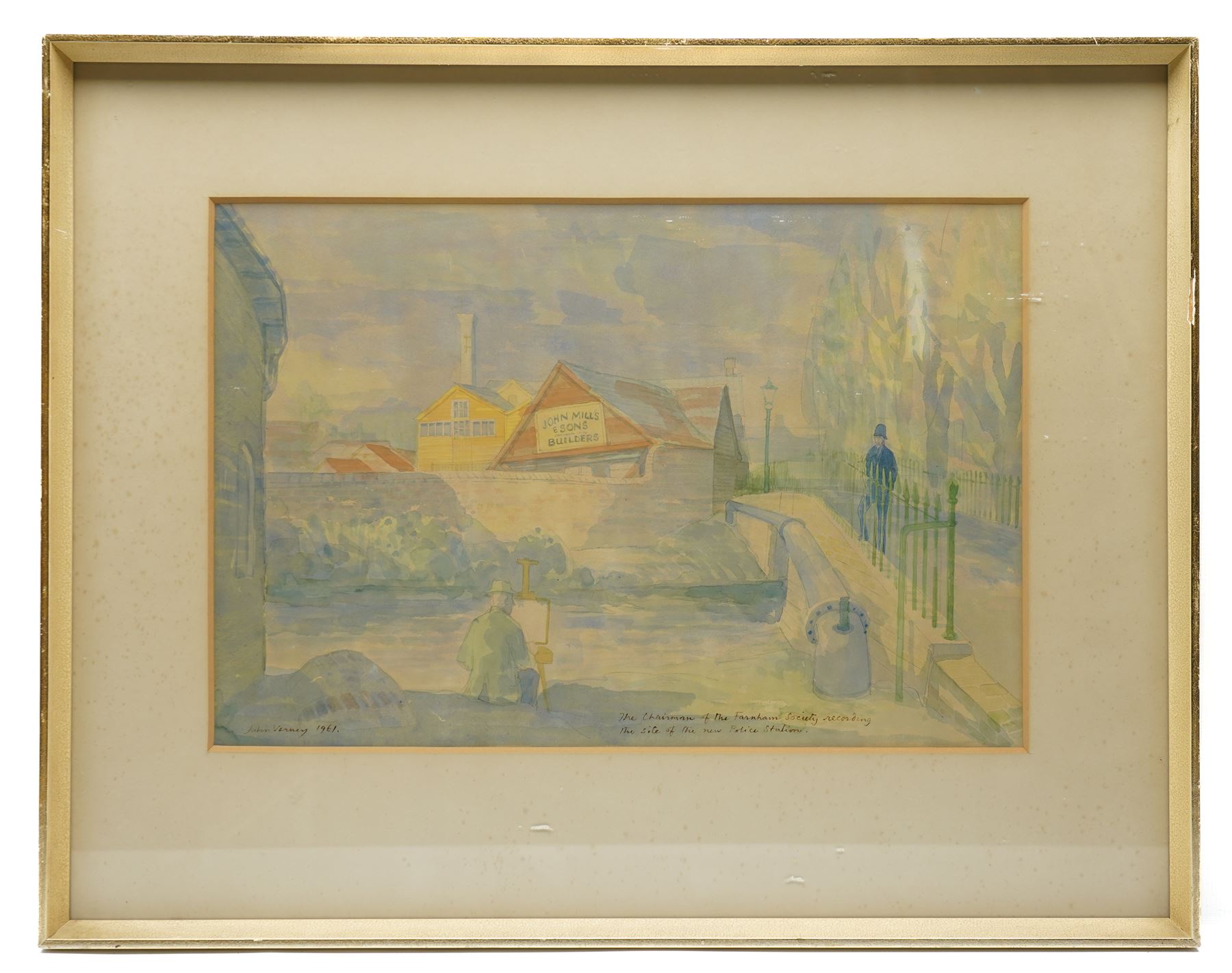 Sir John Verney (British 1913-1992): 'Mills Yard' - The Chairman of the Farnham Society Recording the Site of the New Police Station, watercolour signed and dated 1961, titled verso 33cm x 49cm 