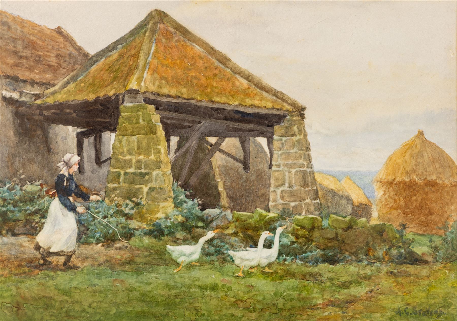 Albert George Stevens (Staithes Group 1863-1925): Young Girl Chasing Geese at Newton Mulgrave Farm, watercolour signed 26cm x 37cm 
Provenance: private collection, purchased David Duggleby Ltd 16th June 2023 Lot 290